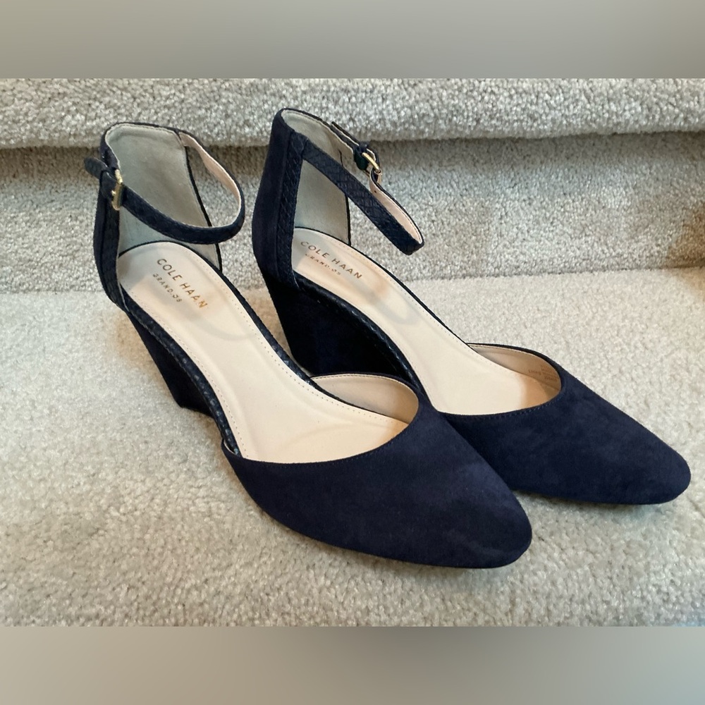 NEW, SIZE 8.5, Cole Haan Navy Suede Ankle-Strap Wedge Heels